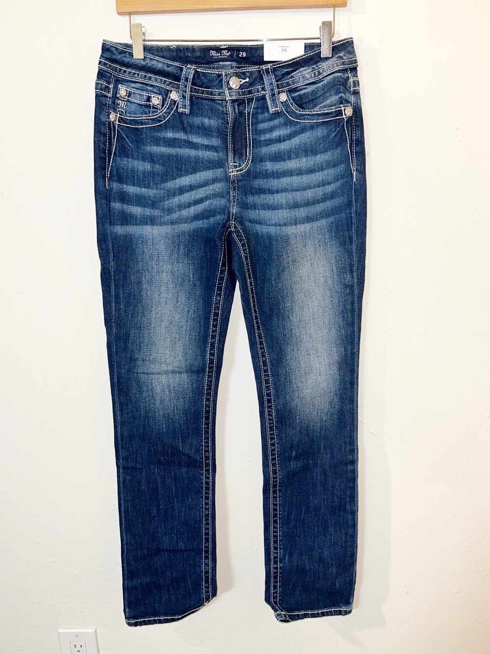 Miss Me Los Angeles Floral Pocket Detail Dark Washed Mid-Rise Straight Leg Jeans